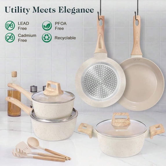 11-Piece Premium Cookware Set | Elegant Stone-White with Wooden Handles