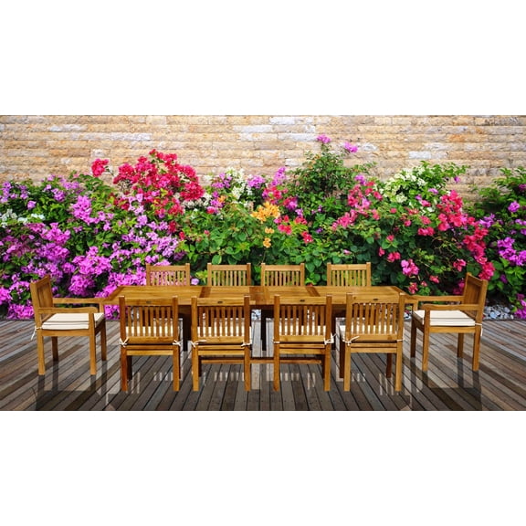 11 Piece RectangularTeak Wood Elzas Patio Dining Set With Cushions