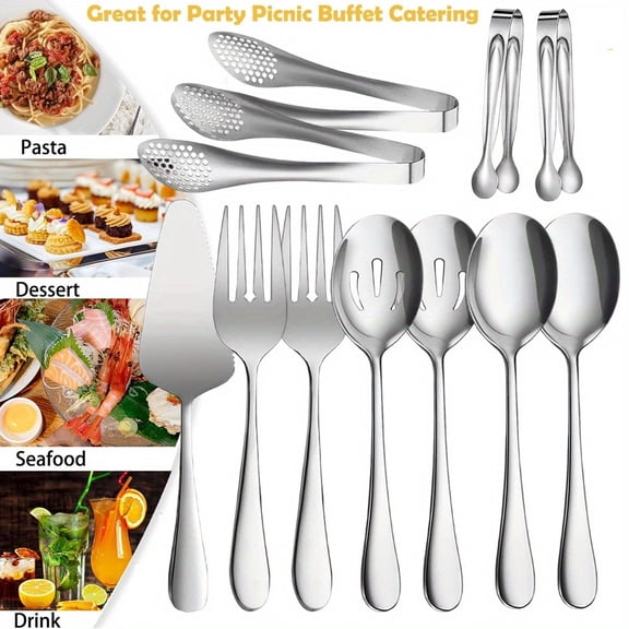 11-Piece Serving Set - Large Spoons, Forks, Tongs, Cake Server for Buffet Catering, Dishwasher Safe