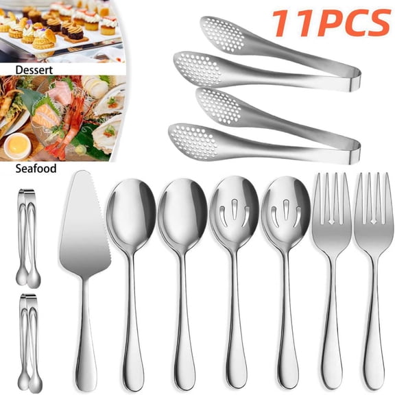 11 Piece Serving Utensils, Large Stainless Steel Spoons Forks Tongs, Pie Server, Great for Hostess Buffet Catering Banquet Party, Silver