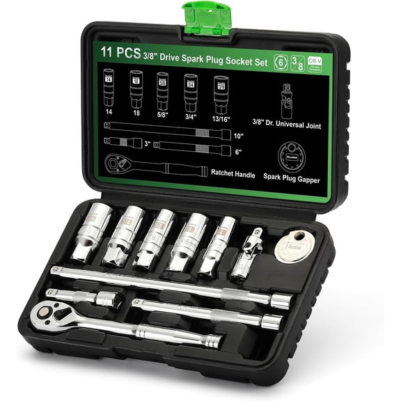 TecoTek 11PCS Spark Plug Socket Set, 3/8" Drive Ratchet Handle, Universal Joint Extension Bar, CR-V Sockets 5/8",3/4",13/16",14mm,18mm with Rubber Retaining Rings & Spark Plug Gapper
