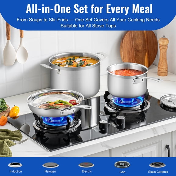 11-Piece Stainless Steel Cookware Set, SS201 Construction, Includes Skillets, Saucepans, Saut Pan, Stockpot & Steamer Insert with Glass Lids