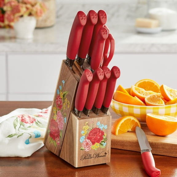 11 Piece Stainless Steel Knife Block Set Sweet Rose Red Floral Decor Kitchen Knives