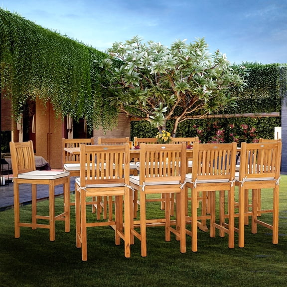 11 Piece Teak Wood Elzas Rectangular Extension Table Outdoor Patio Bar Dining Set with 10 Barstools