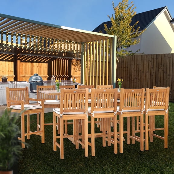 11 Piece Teak Wood Elzas Rectangular Extension Table Outdoor Patio Bar Dining Set with 2 Arm and 8 Armless Barstools