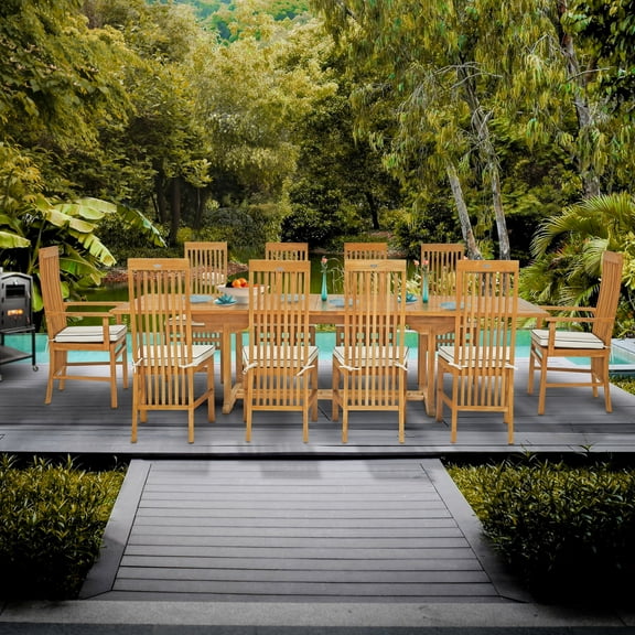 11 Piece Teak Wood West Palm Rectangular Double Extension Outdoor Patio Dining Set with 2 Arm and 8 Side Chairs