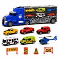 thumbnail image 1 of 11-Piece Toy Truck Carrier Set with Mini Vehicles, Big Rig Transporter Playset with Cars, Helicopter, Bus & Road Signs, Storage Truck Toy for Kids Ages 3+, 1 of 9