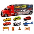 thumbnail image 1 of 11-Piece Toy Truck Carrier Set with Mini Vehicles, Big Rig Transporter Playset with Cars, Helicopter, Bus & Road Signs, Storage Truck Toy for Kids Ages 3+, 1 of 10