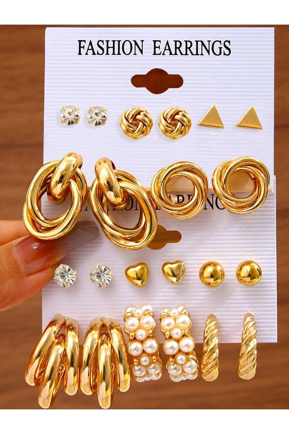 11-Piece Yellow Gold-Tone Fashion Earring Set With Rhinestones And Faux