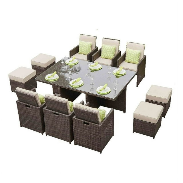 11-Pieces Brown Rattan Outdoor Dining Table with Beige Cushions