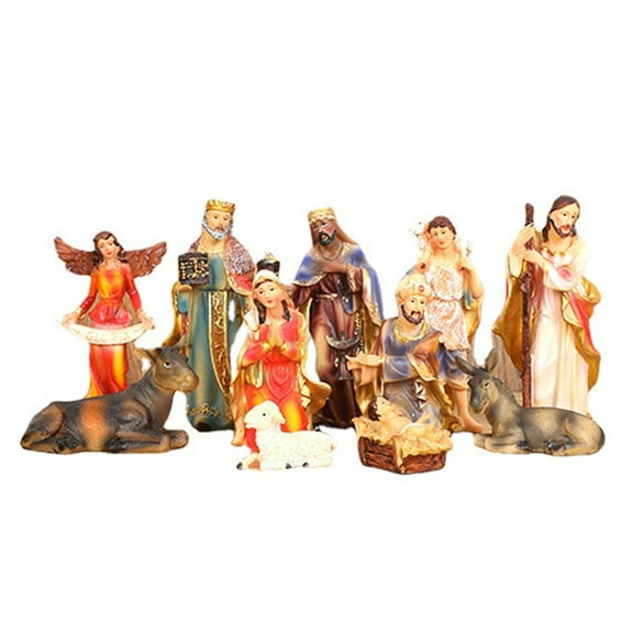 11 Pieces Christmas Nativity Scene Figurines Set Holy Family Baby Jesus Statues with Angel Tabletop Collection Decoration Church Resin Crafts Ornament