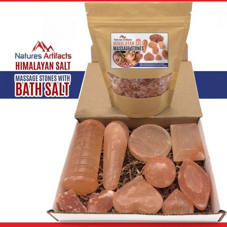11 Pieces Complete Set of Himalayan Pink Salt Massage Stones With Bath Salt, Hot Massage Stones, Massage Stones, Soothing & Healing Massage Therapy Kit