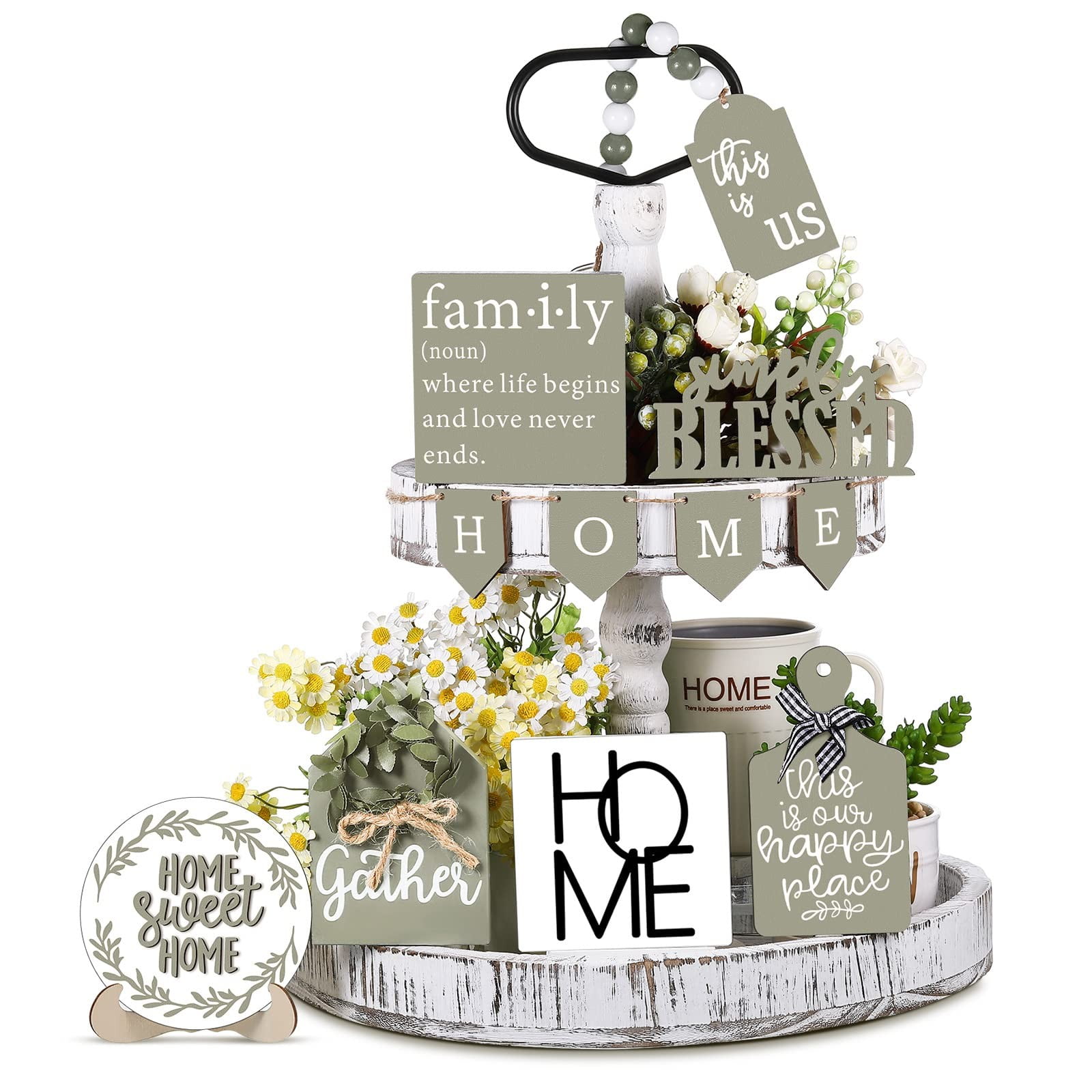 11 Pieces Farmhouse Tiered Tray Decor Wood Sign Rustic Home Sweet Home Simply This Is Us Wooden Beads Tray Decorations Set For Home Kitchen Table Shelf