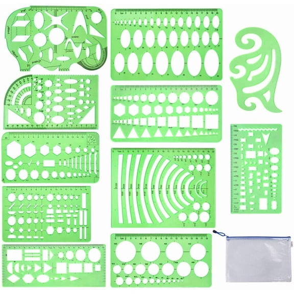 11 Pieces Geometric Drawings Templates Stencils Plastic Measuring Template Rulers Clear Green Shape Template for Drawing Engineering Drafting Building School Office Supplies