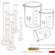 FOUR Es Scientific 11 Pieces Glass Measuring Beaker 50/100/250 ml, Glass Graduated Cylinder 5/10/25/50 ml with 1 Brush, 2 Diameter and 1 Droppers for Science Lab, Glass Beaker Set