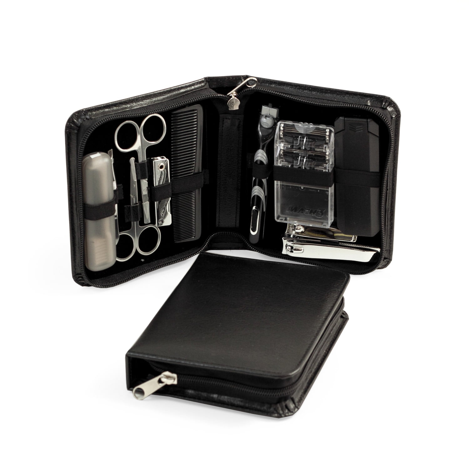 11 Pieces Manicure & Grooming Set with "Mach3" Razor and Two Refills,Large and Small Nail Clippers,Lint Brush, Comb, Nail File, Cuticle and Nose Scissors,Tweezers&Tooth Brush in Black Leather Case.