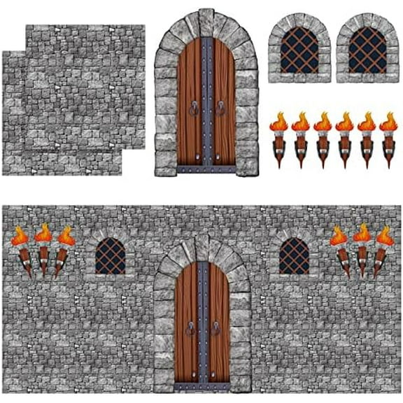 11 Pieces Medieval Party Decorations Kit Medieval Scene Castle Decorations Set Including Stone Wall Backdrop, Door, Windows, Torch Props for Halloween Castle Party Wall Decor Accessory
