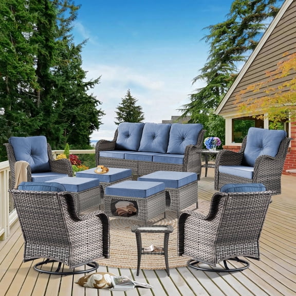 Fulljojor 11 Pieces Outdoor Patio Furniture Set, Rattan Wicker Sectional Swivel Rocker Chairs Sets