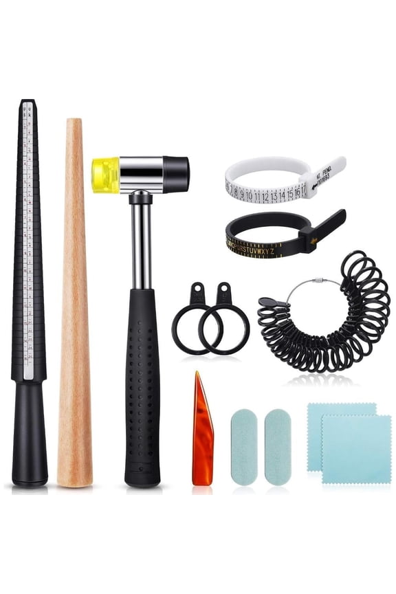 11 Pieces Us UK Ring Mandrel Set, Size 1-13 with Half Size Ring Sizer Gauge Jewelry Mandrel Jewelry Hammer Adjuster Polishing Cloth Measuring Tool