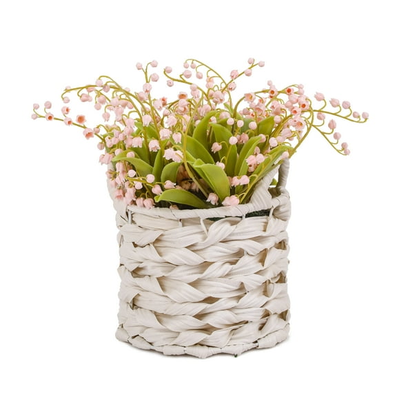 11 in. Pink Lily-of-the-Valley Flowers in White Basket