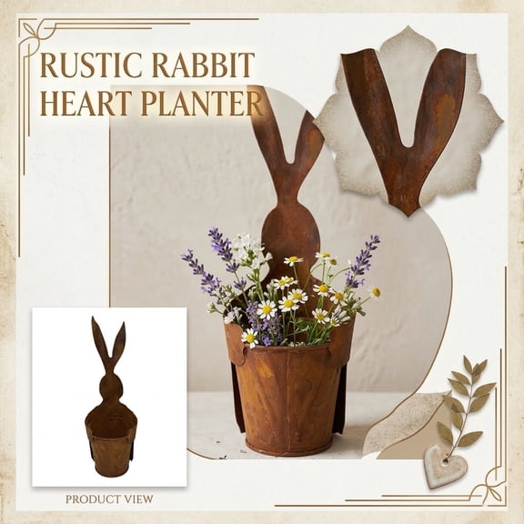11" Planter, Bunny Planter, Vintage Rustic Bunny Shaped Planter, Vintage Rusted/Metal Flower Pot, Garden Decor for Succulents, Indoor Outdoor Decorative Pot for Home & Patio