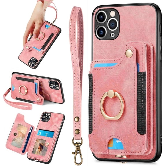 11 Pro Max Case,Card Holder Wallet Stand for iPhone 11 Pro Max Cases,Ring Holder,RFID-Blocking,Wrist Strap,Camera Protector,Leather Shockproof Protective Magnetic Flip Cover Cases (Pink)