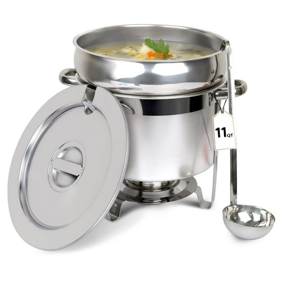 11 QT Soup Chafer Station with Contemporary Marmite Water Pan, Stainless Steel, Including Fuel Holder & 6 Oz Ladle - Perfect for Buffets, Catering, and Events