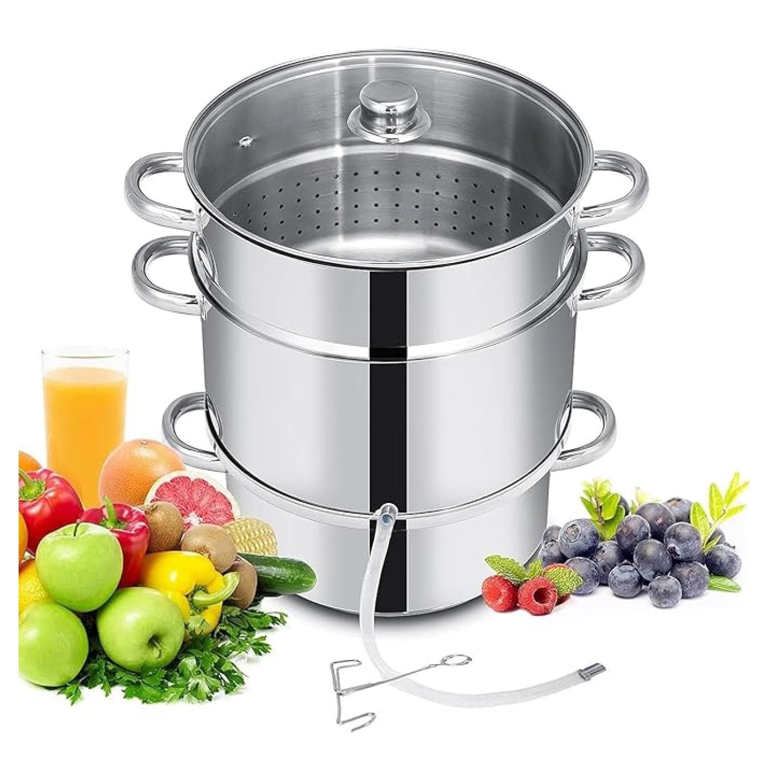 11-Quart Juicer Stainless Steel, Steamer Extractor Pot for Fruit Vegetable Canning with Tempered Glass Lid, Hose, Clamp, Loop Handles, Silver