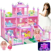 11 Rooms Dollhouse With 2 Dolls And Light ABS DIY Building Pink Dollhouse With Furniture and Accessories Dreamhouse for 3 4 5 6 Years Old Girls