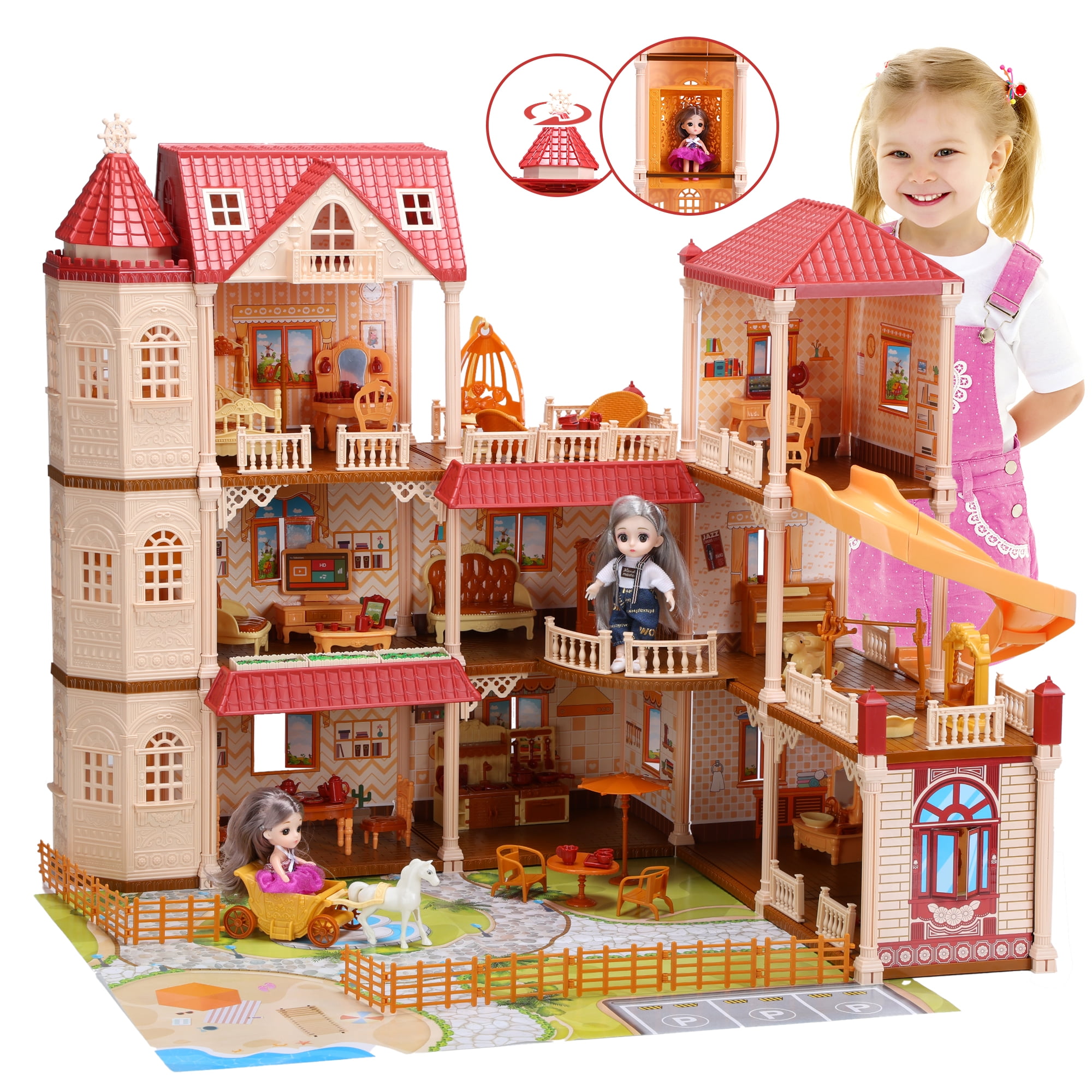 Huge Dollhouse With Elevator And 2 Doll With 388 PCS Furniture and Accessories Christmas Birthday Gifts for Girls Red