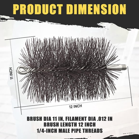 11" Round Chimney Brush with Heavy-Duty Wire and 3/8" NPT Thread - Oil-Tempered Steel Bristles for Fireplace Cleaning