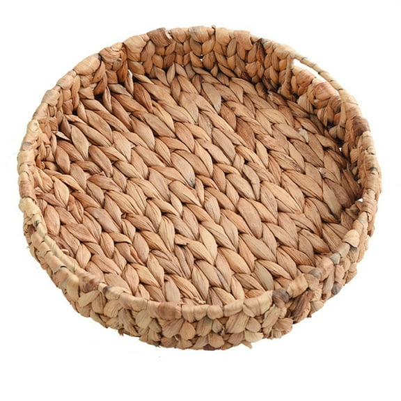 11"Round Woven Serving Tray,Happon Natural Round Rattan Tray with Handles,Hand Woven Tray for Coffee Table, Fruit, Remote Controls, Keys and Home Decor