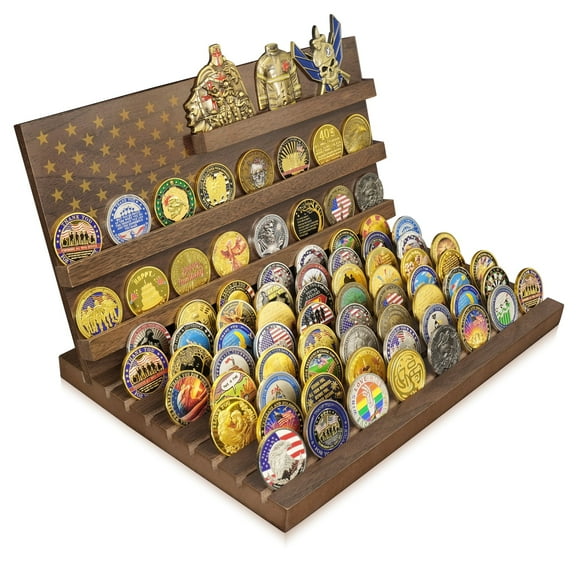11 Rows Challenge Coin Display, Removable Military Coin Holder Display with American Flag, Wooden Coin Display Case Rack Holds 95-106 Coins,Walnut Finish