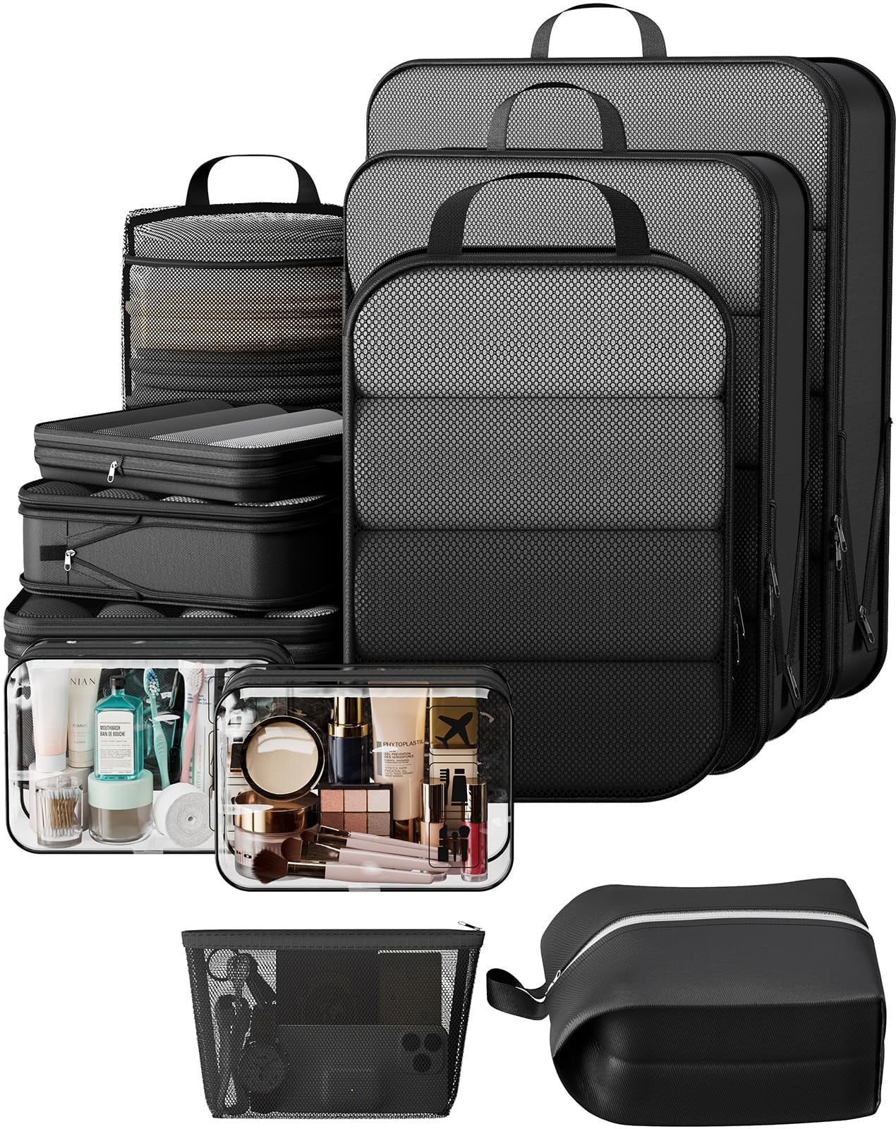 11 Set Packing Cubes For Travel Compressible Expandable Large Luggage Suitcase Organizer Bags Clothing Durable Space Saver Storage With Toiletry Bags(black)