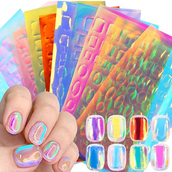 11 Sheets Aurora Nail Foil Laser Nail Stickers Glass Paper Nail Art Stickers Iridescent Cellophane Nails Designs Sticker Holographic Film 3D Nails Decoration for Women Kids