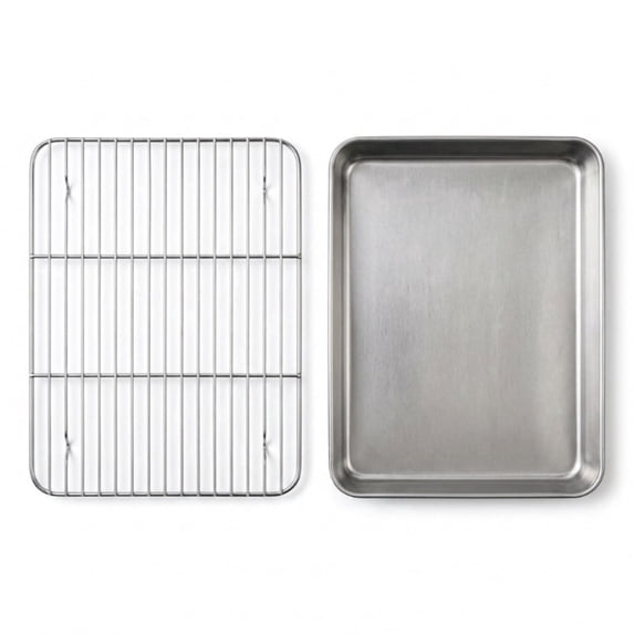 11" Stainless Steel Baking Pan & Rack Set - 2 Piece Oven Tray for Roasting and Baking