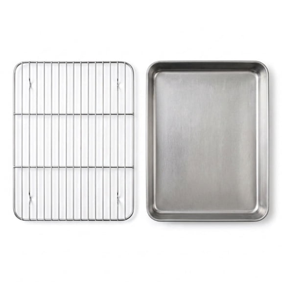 11" Stainless Steel Baking Pan & Rack Set - 2 Piece Oven Tray for Roasting and Baking