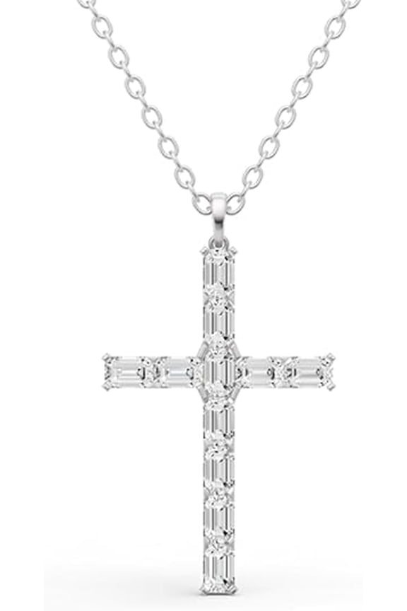 11 Stone Emerald Cut Lab Grown Diamond Cross Pendant With Prong Settings in 14K White Gold - 3 CTTW
