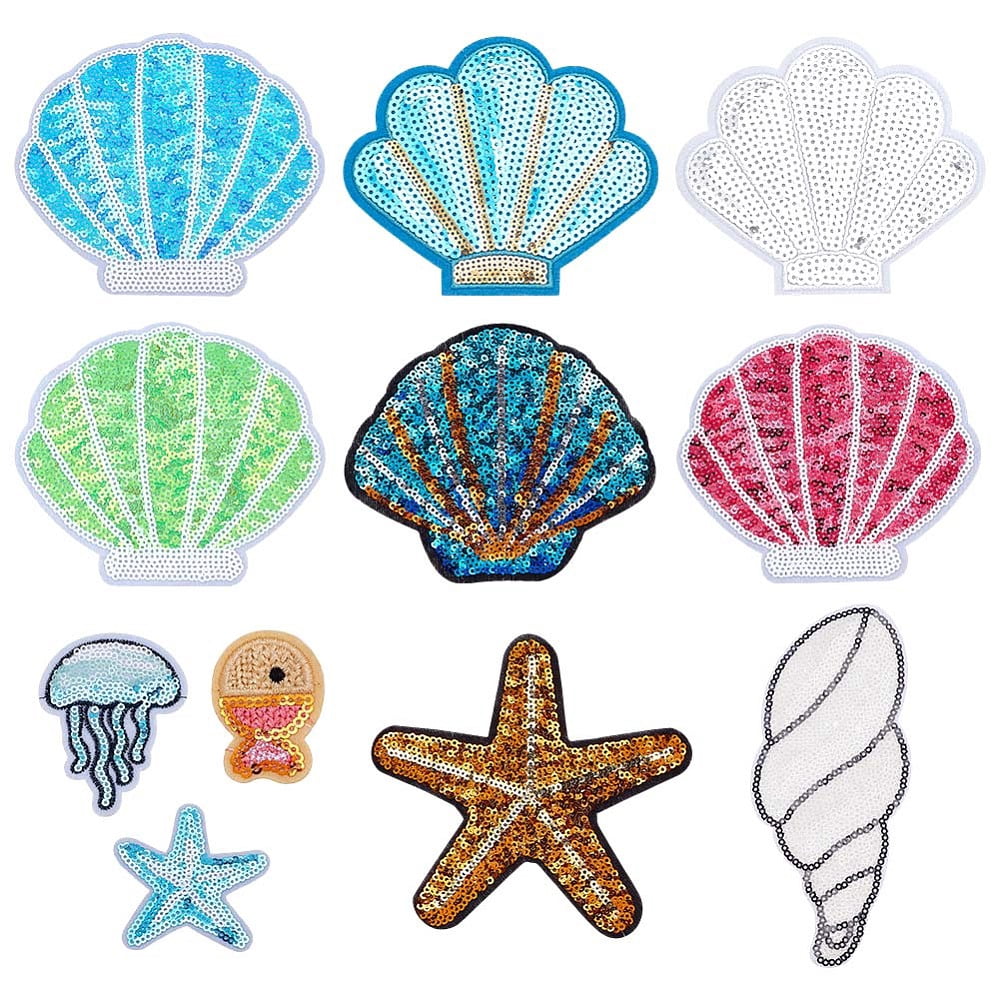 Embroidered Patch Shell 11 Styles Ocean Animal Sequin Iron/Sew on Patches Cute Starfish Shell ...