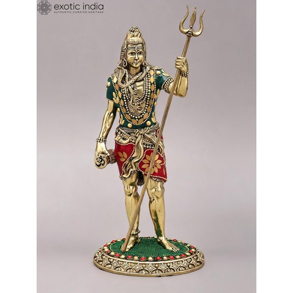 11'' Superfine Standing Lord Shiva with Trident | Brass Statue with Inlay Work