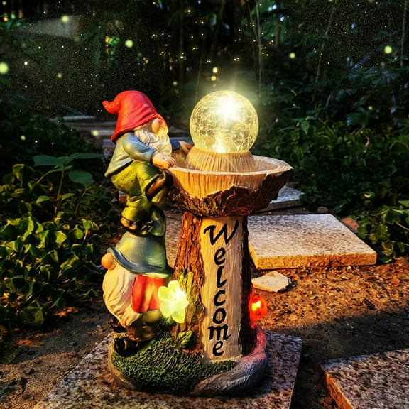 11" Tall Solar Powered LED Lighted Garden Gnome Statue Collectible Figurines with Welcome Fountain, Magic Ball, Outdoor Decorations for Patio, Lawn, Porch