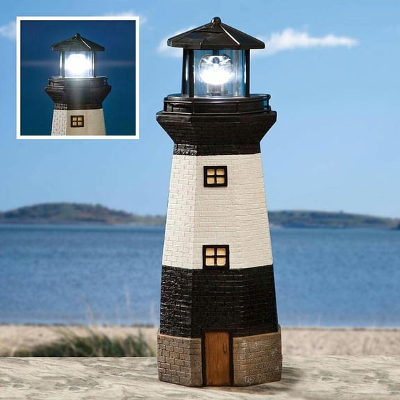 11" Tall Solar Spinning Lantern Nautical White & Black Lighthouse Garden Statue