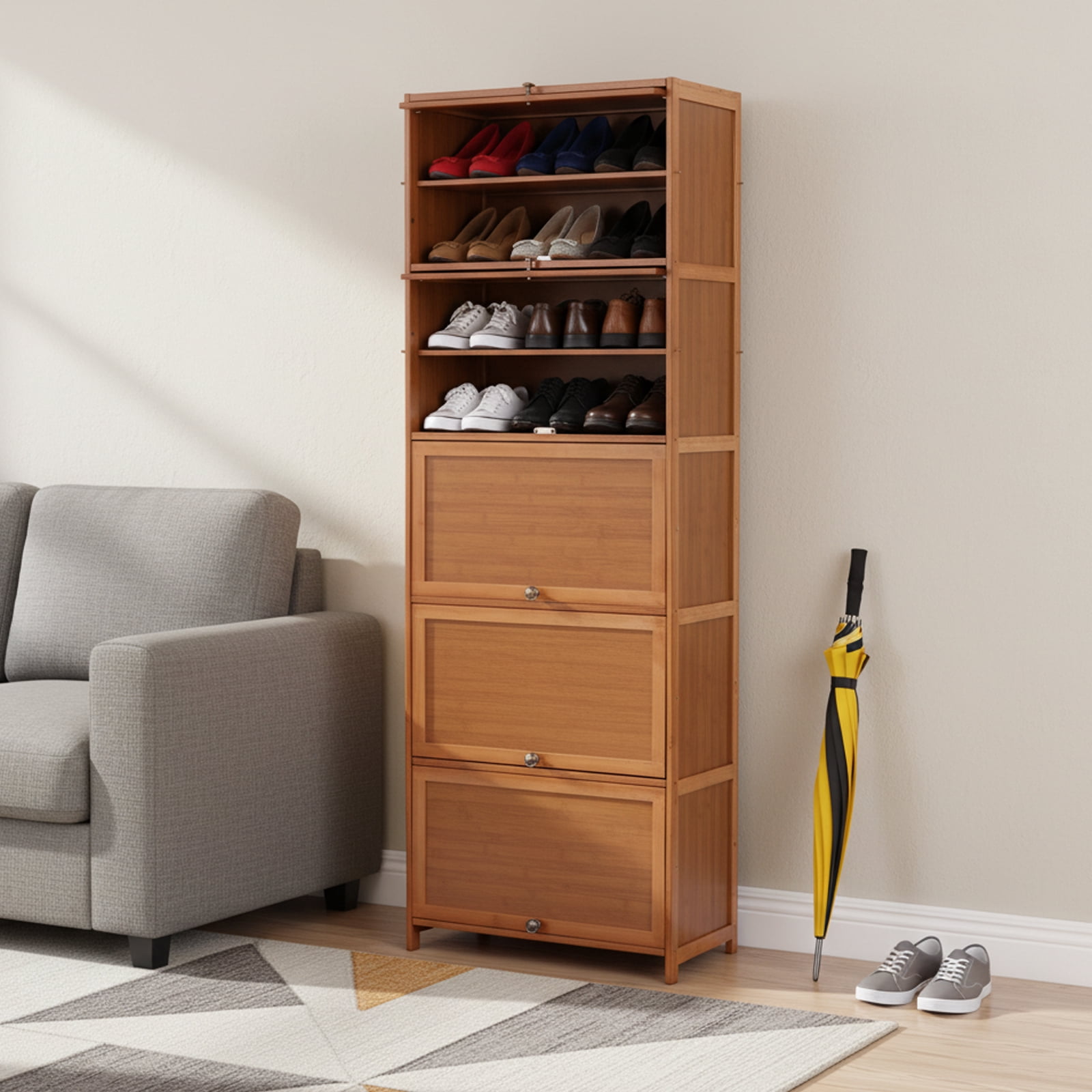 11-Tier Bamboo Shoe Cabinet with Door, Tall Narrow Shoe Storage for Entryway, 20 Pair Capacity Freestanding Wooden Shoe Rack Organizer, Brown