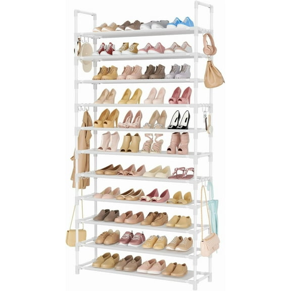 11-Tier Tall Shoe Rack with 18 Hooks, Sturdy Wide Metal Shoe Organizer Holds 55 Pairs, Free Standing Shoe Shelf for Closet Entryway, White Storage Solution