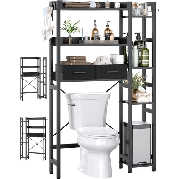 11-Tier Over The Toilet Storage Rack, Freestanding Bathroom Organizer with Dual Side Racks and 2 Fabric Drawers, Adjustable Space Saving Toilet Shelf with Heavy Duty Metal Frame for Small Bathroom, R