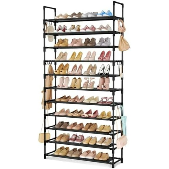 11 Tiers Tall Shoe Rack Holds 55 Pairs of Shoes with 18pcs Hooks Sturdy Wide Shoe Organizer Storage Free Standing Metal Shoe Shelf for Closet, Entryway Black