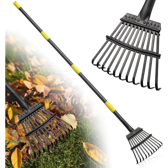 11 Tines Rake for Leaves, Garden Small Leaf Rake for Lawns, 72 inches Long 8.5 inches Wide Adjustable Metal Yard Rake