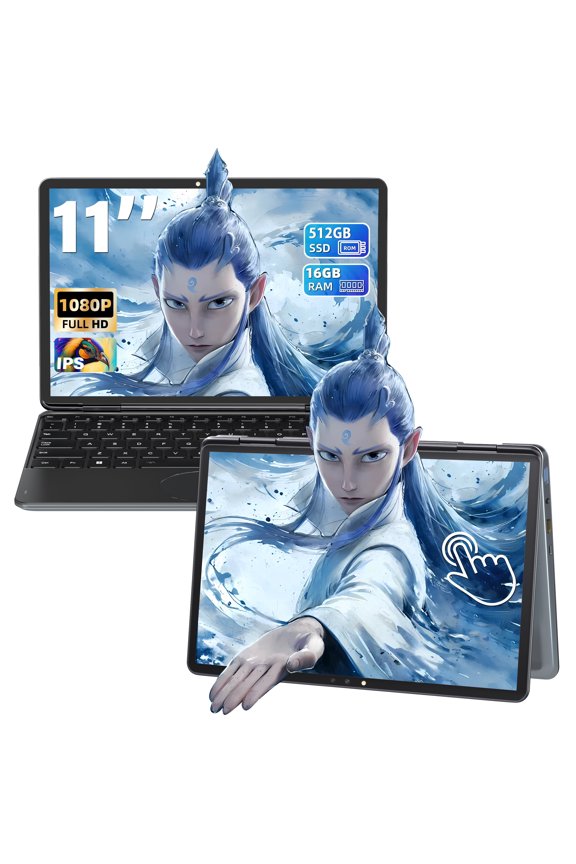 11" Mini 2-in-1 Touchscreen Laptop, Intel N100, 16GB DDR4 RAM, 512GB SSD, Win 11 Pro + Office 2019, Backlit Keyboard, Facial Recognition, USB-C, Portable Laptop for Students, Travel & Business