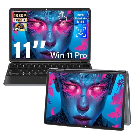 11"Touchscreen Laptop Mini 2-in-1 , FHD IPS , Intel N100, 16GB DDR4 RAM, 1TB SSD, (Win 11 Pro + Office), Backlit Keyboard, Facial Recognition, USB-C – Portable Laptop for Students & Travel（Grey）