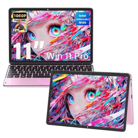Pink Touchscreen Laptop 11" Mini 2-in-1 , FHD IPS , Intel N100, 16GB DDR4 RAM, 512GB SSD, (Win 11 Pro + Office), Backlit Keyboard, Facial Recognition, USB-C – Portable Laptop for Students & Travel